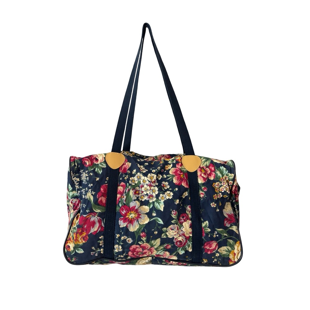 Interpur Vintage Floral Duffle Bag Navy Blue Cotton Canvas Weekender Large